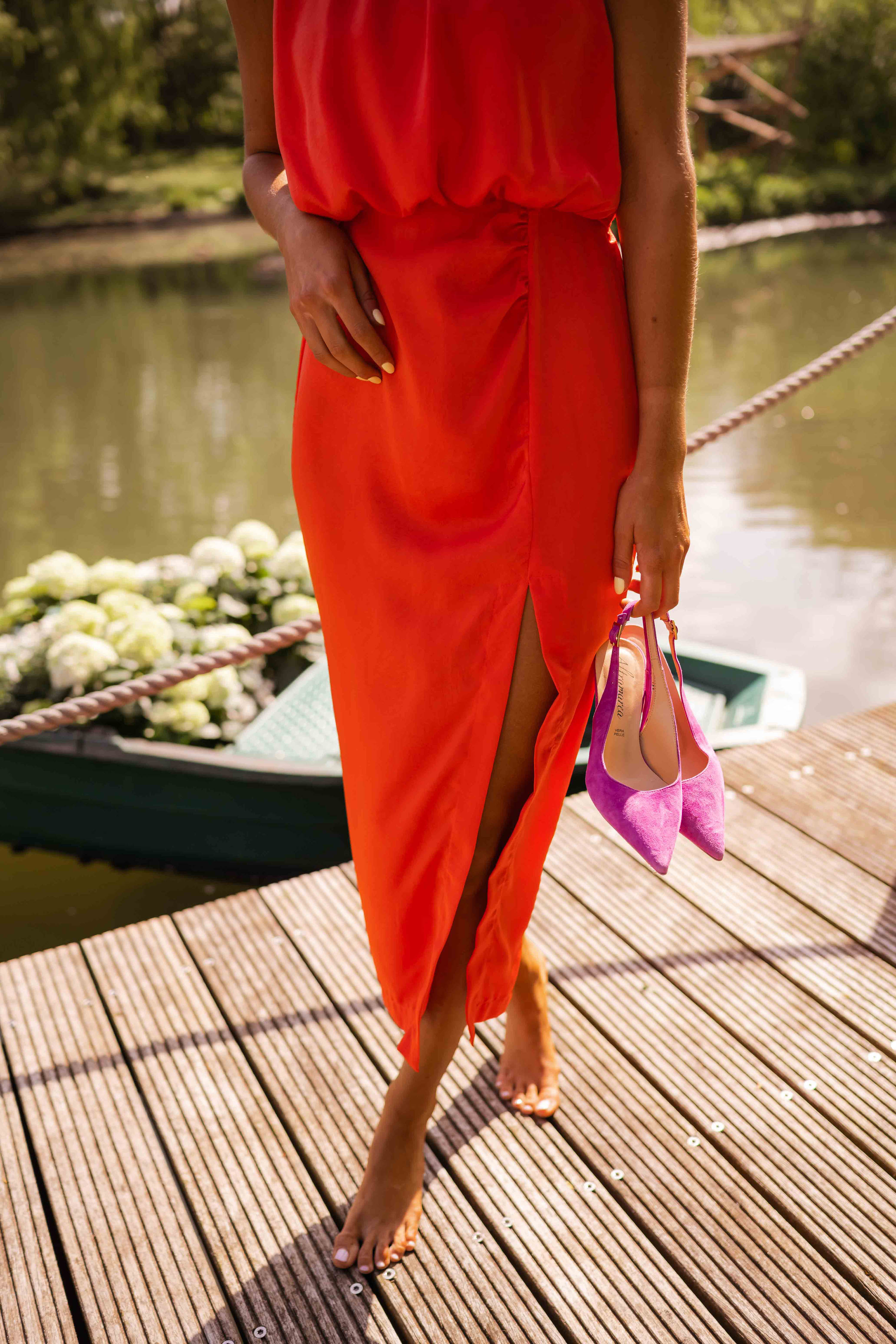 Abito midi da donna senza maniche con spacco laterale e scollo all'americana, estivo per cerimonia e matrimonio - view 4