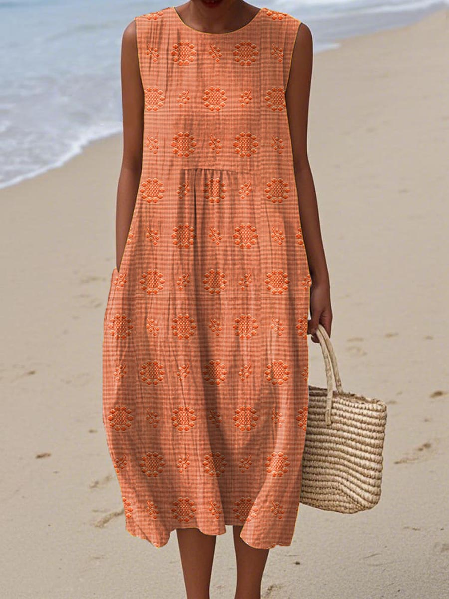 Abito midi da donna smanicato con tasche, vestito estivo da mare e da spiaggia - Arancione