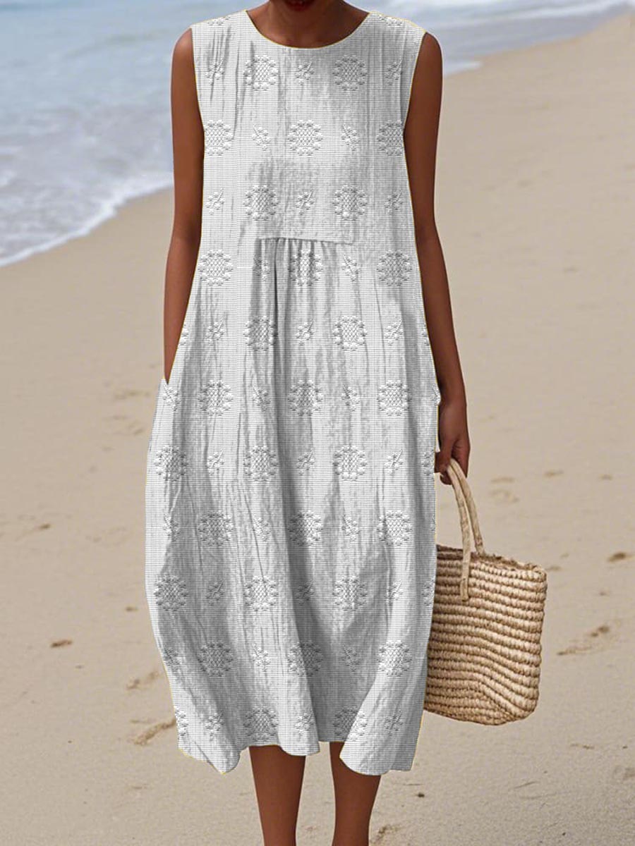 Abito midi da donna smanicato con tasche, vestito estivo da mare e da spiaggia - Bianco