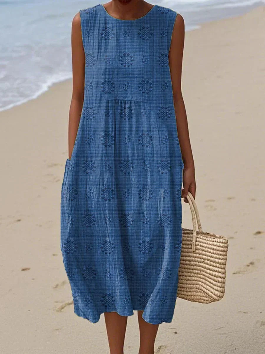 Abito midi da donna smanicato con tasche, vestito estivo da mare e da spiaggia - Blu