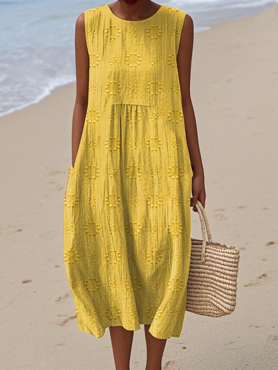 Abito midi da donna smanicato con tasche, vestito estivo da mare e da spiaggia - Giallo