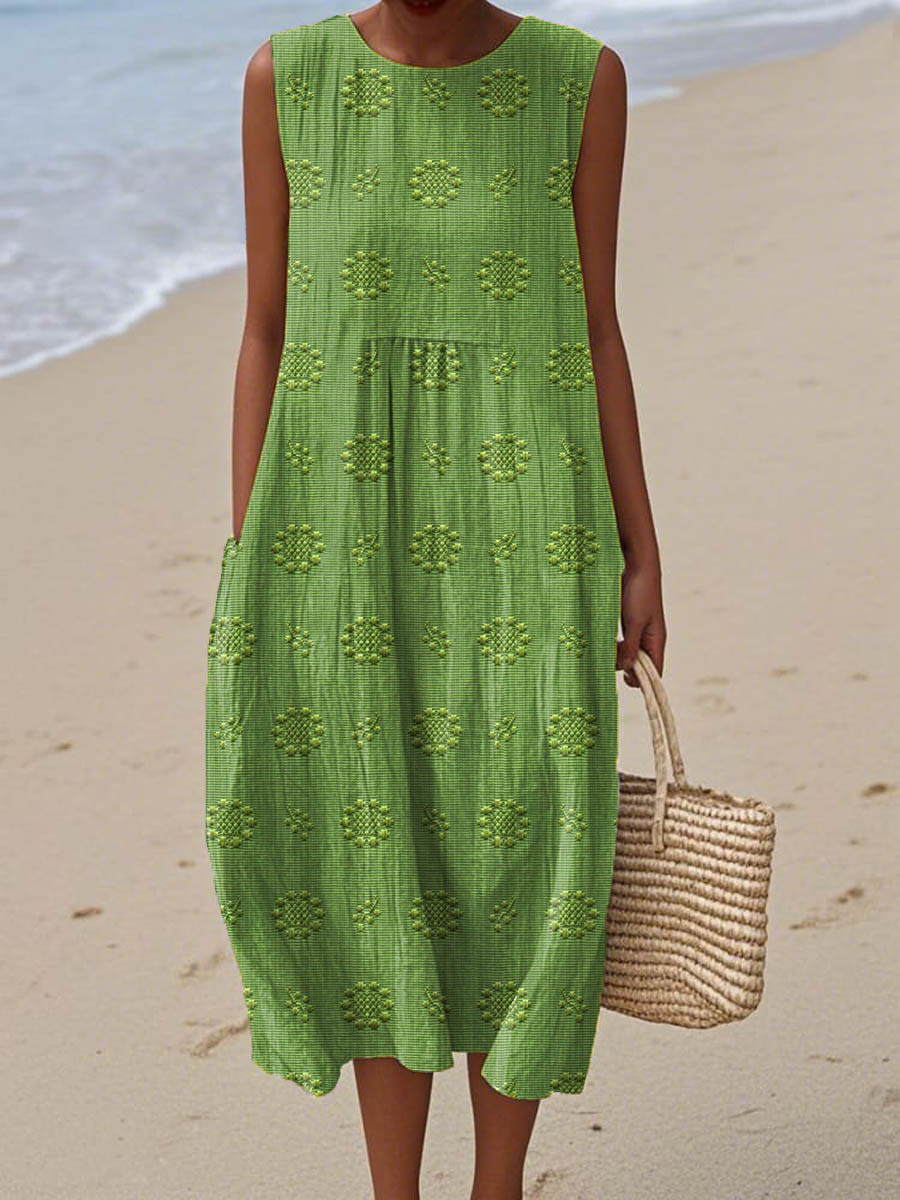 Abito midi da donna smanicato con tasche, vestito estivo da mare e da spiaggia - Verde