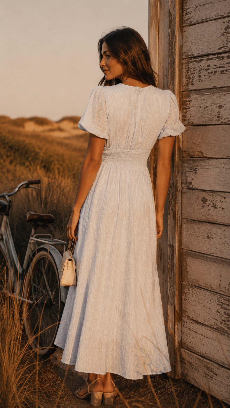 Abito midi da sera da donna con scollo a V e maniche a sbuffo, elegante per cerimonia e matrimonio - view 4