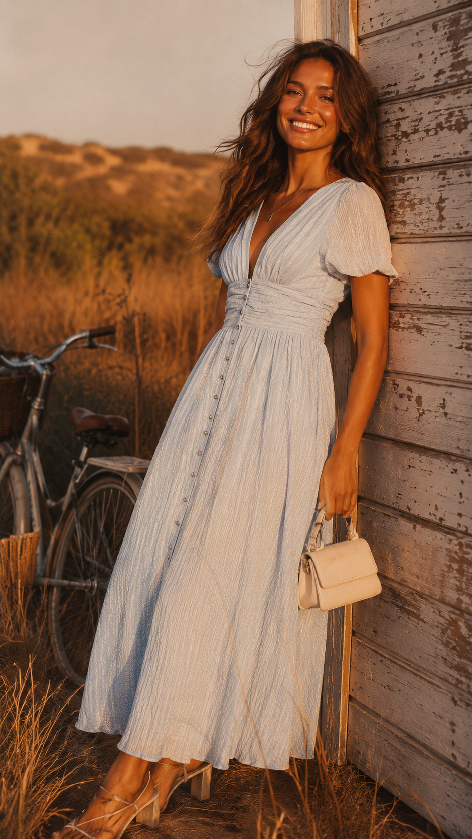 Abito midi da sera da donna con scollo a V e maniche a sbuffo, elegante per cerimonia e matrimonio - Blu