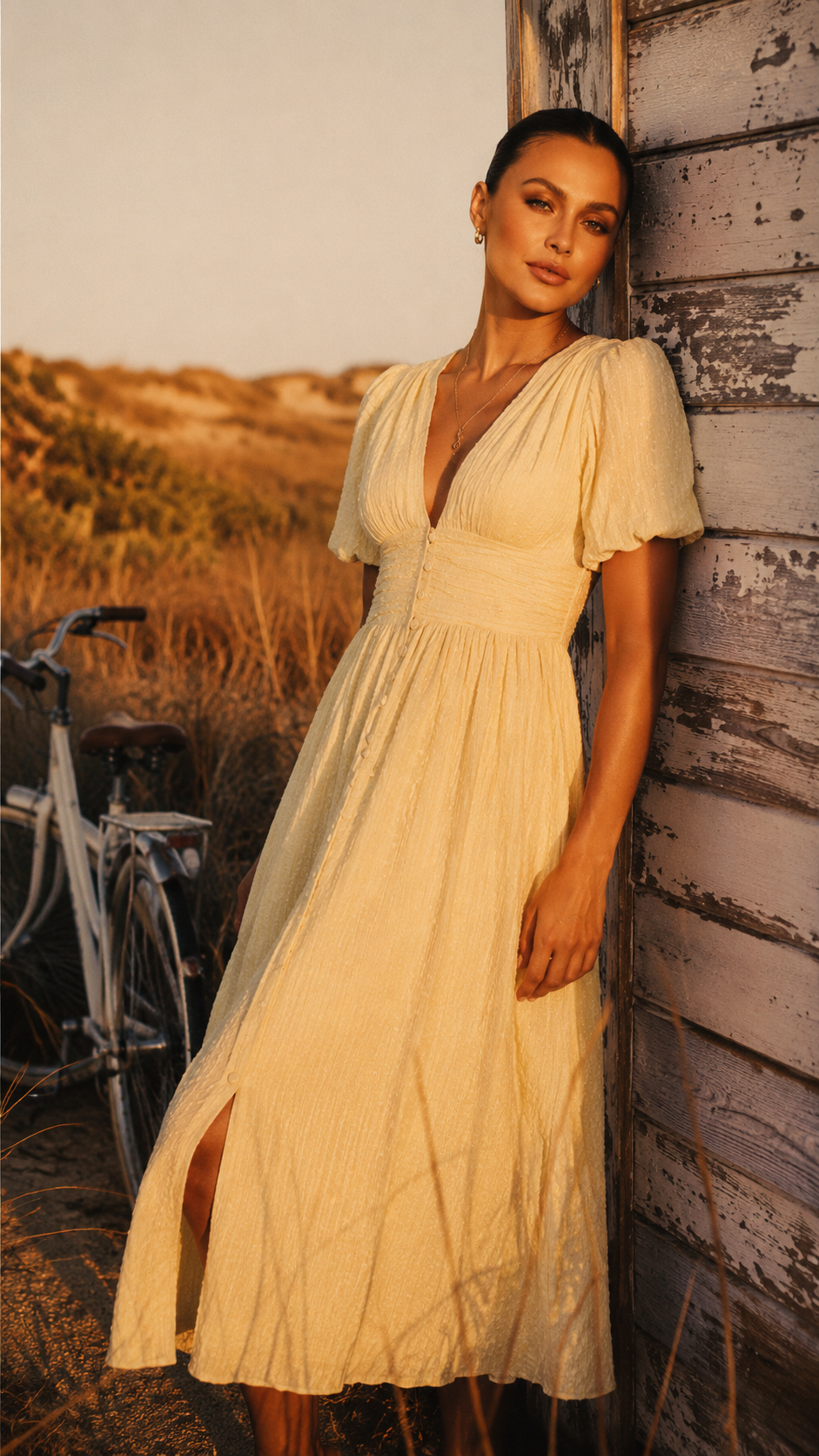 Abito midi da sera da donna con scollo a V e maniche a sbuffo, elegante per cerimonia e matrimonio - Giallo