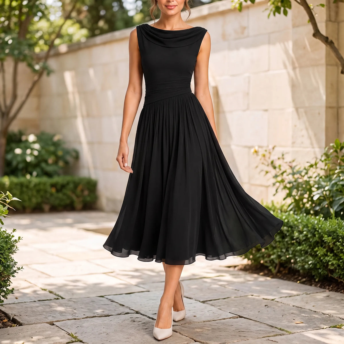 Abito midi elegante da cerimonia, smanicato e plissettato con scollo a barca, per matrimonio e sera - view 6