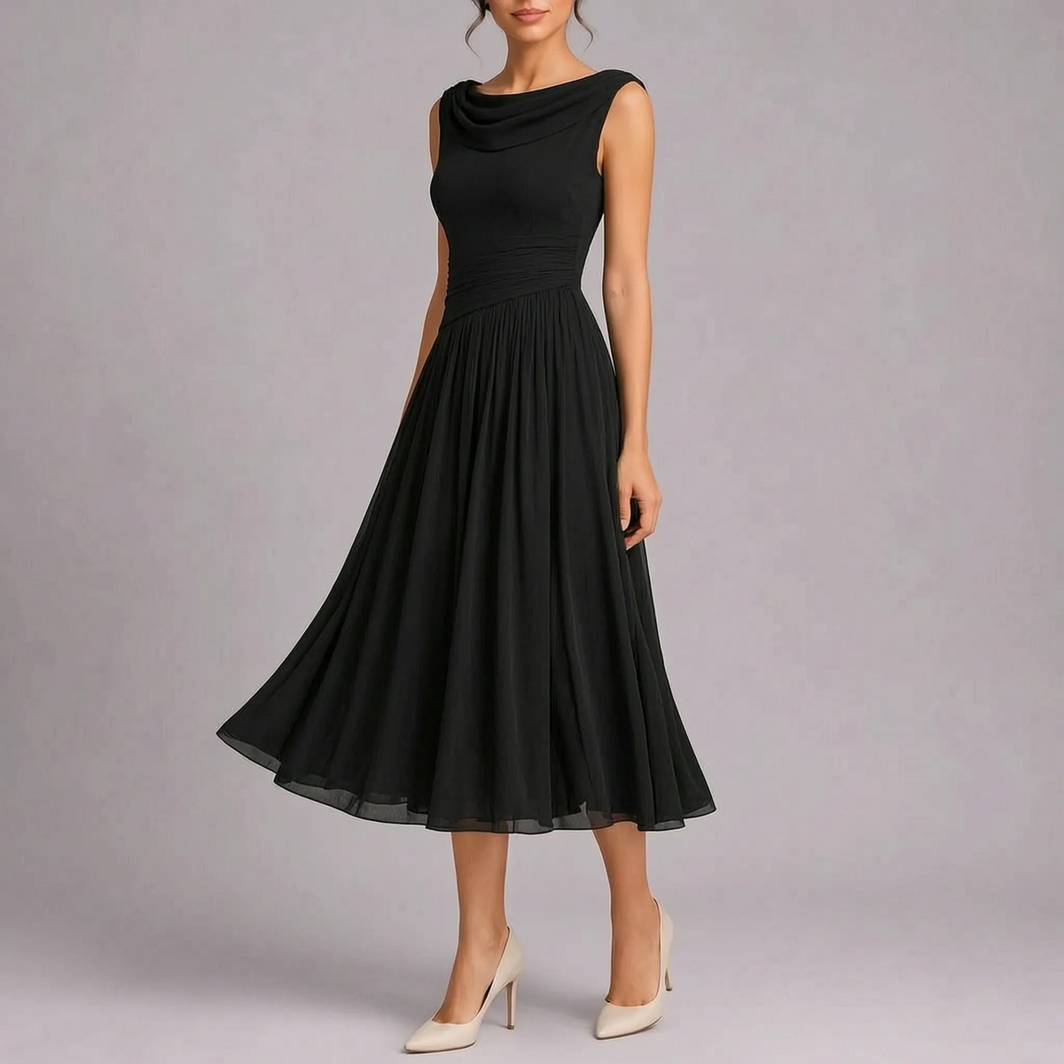 Abito midi elegante da cerimonia, smanicato e plissettato con scollo a barca, per matrimonio e sera - Nero