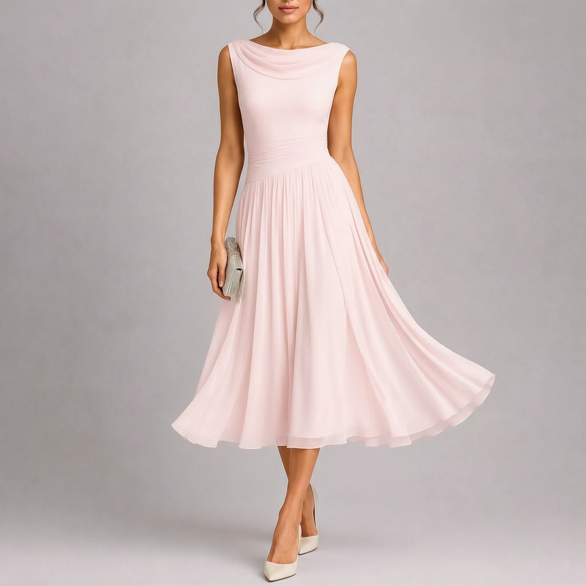 Abito midi elegante da cerimonia, smanicato e plissettato con scollo a barca, per matrimonio e sera - Rosa