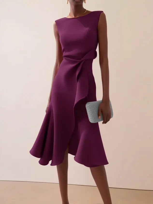 Abito midi smanicato da donna con scollo tondo e drappeggio, orlo asimmetrico, elegante da cerimonia e ufficio - view 11