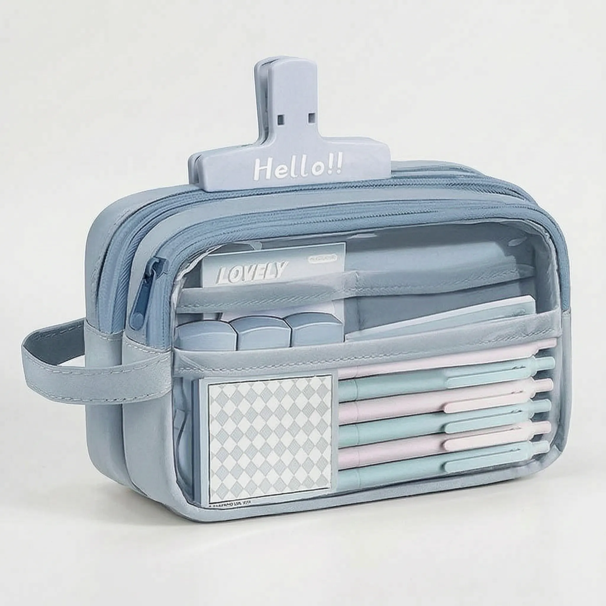 Astuccio grande multiscomparto con finestra trasparente, capiente portapenne per scuola, università e ufficio - Blu