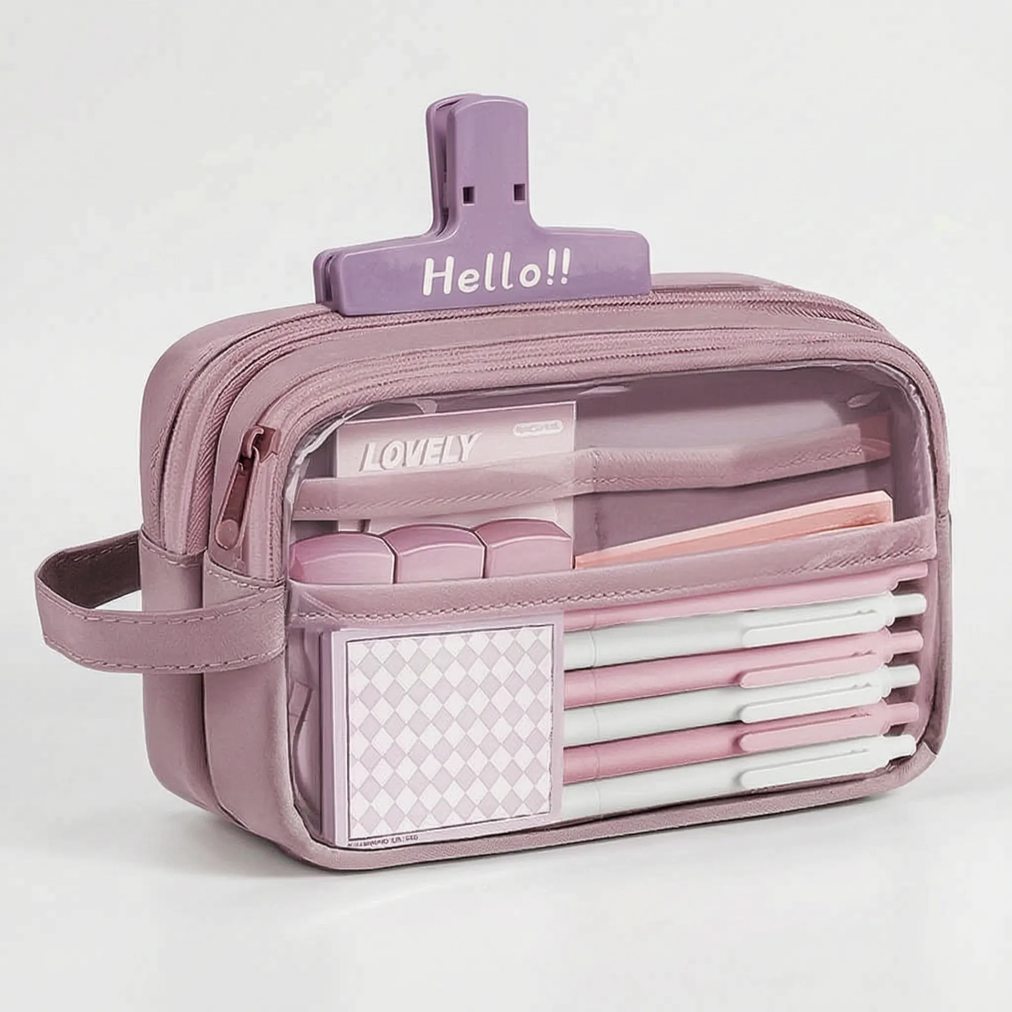 Astuccio grande multiscomparto con finestra trasparente, capiente portapenne per scuola, università e ufficio - Rosa