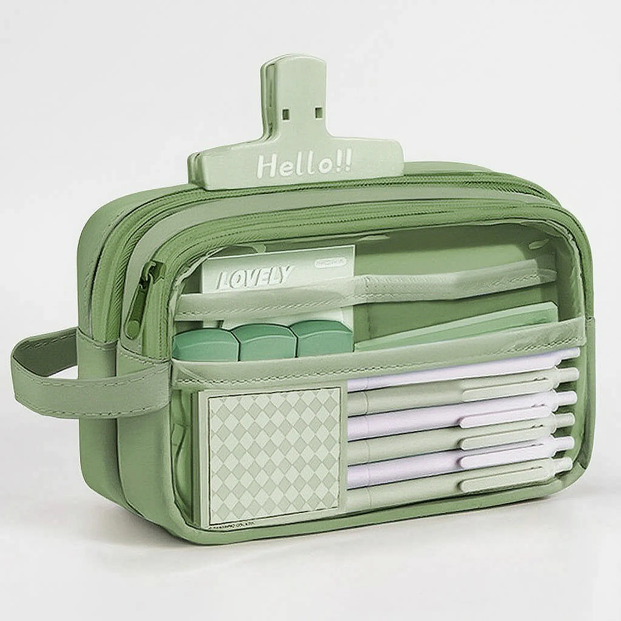 Astuccio grande multiscomparto con finestra trasparente, capiente portapenne per scuola, università e ufficio - Verde