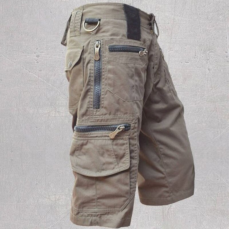 Bermuda cargo da uomo con vita regolabile e tasche, in cotone - pantaloncini con zip, estivi - Cachi