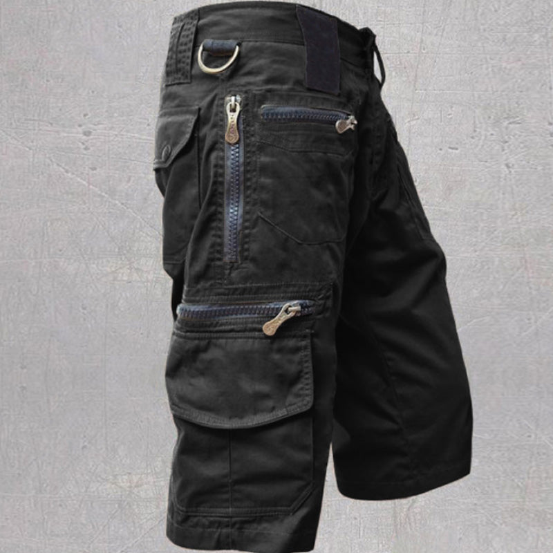 Bermuda cargo da uomo con vita regolabile e tasche, in cotone - pantaloncini con zip, estivi - Nero