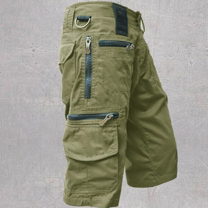 Bermuda cargo da uomo con vita regolabile e tasche, in cotone - pantaloncini con zip, estivi - Verde