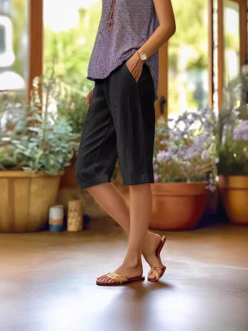 Bermuda da donna leggeri e casual per l'estate, pantaloncini al ginocchio con tasche - Nero