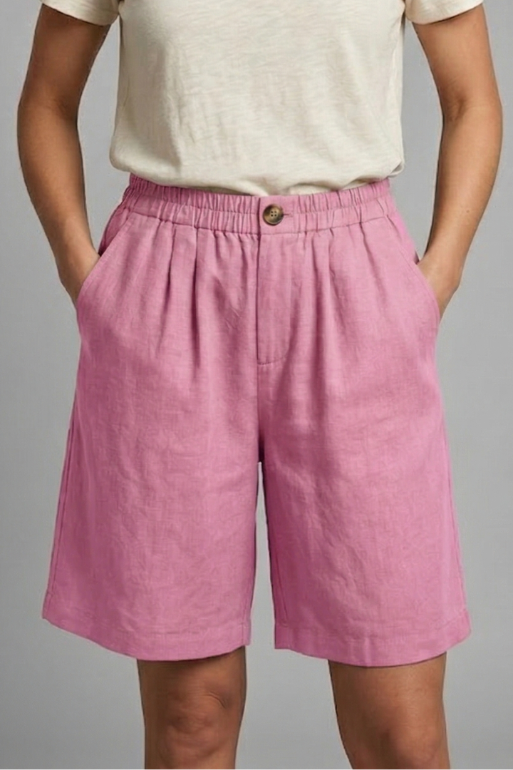 Bermuda donna con vita elastica e coulisse, tasche laterali e gamba larga - Rosa