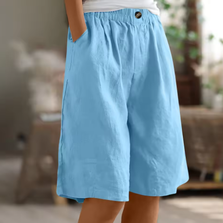 Bermuda donna con vita elastica e taglio comodo, tasche laterali, pantaloncini casual estivi - Azzurro
