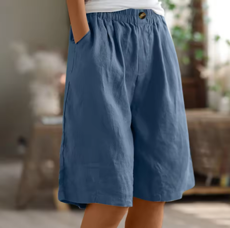 Bermuda donna con vita elastica e taglio comodo, tasche laterali, pantaloncini casual estivi - Blu