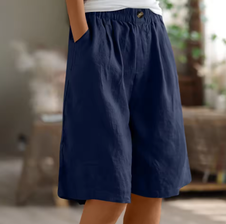 Bermuda donna con vita elastica e taglio comodo, tasche laterali, pantaloncini casual estivi - Blu marino