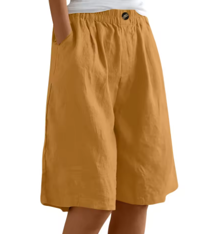 Bermuda donna con vita elastica e taglio comodo, tasche laterali, pantaloncini casual estivi - Giallo
