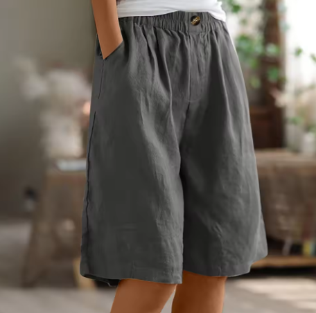 Bermuda donna con vita elastica e taglio comodo, tasche laterali, pantaloncini casual estivi - Grigio