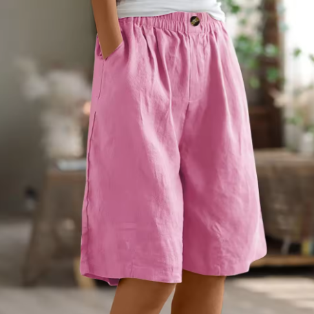 Bermuda donna con vita elastica e taglio comodo, tasche laterali, pantaloncini casual estivi - Rosa
