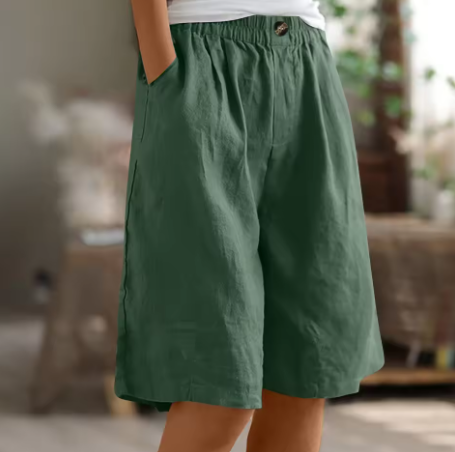 Bermuda donna con vita elastica e taglio comodo, tasche laterali, pantaloncini casual estivi - Verde