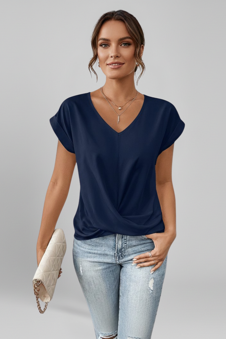 Blusa da donna con scollo a V e maniche corte, con nodo davanti - Blu