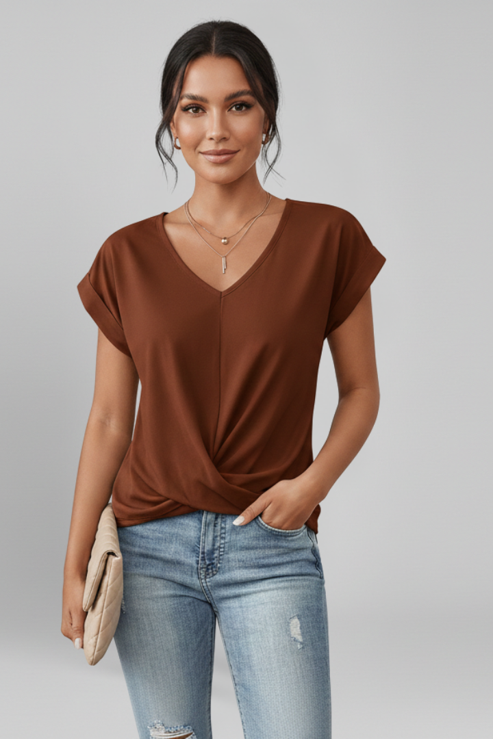 Blusa da donna con scollo a V e maniche corte, con nodo davanti - Rosso
