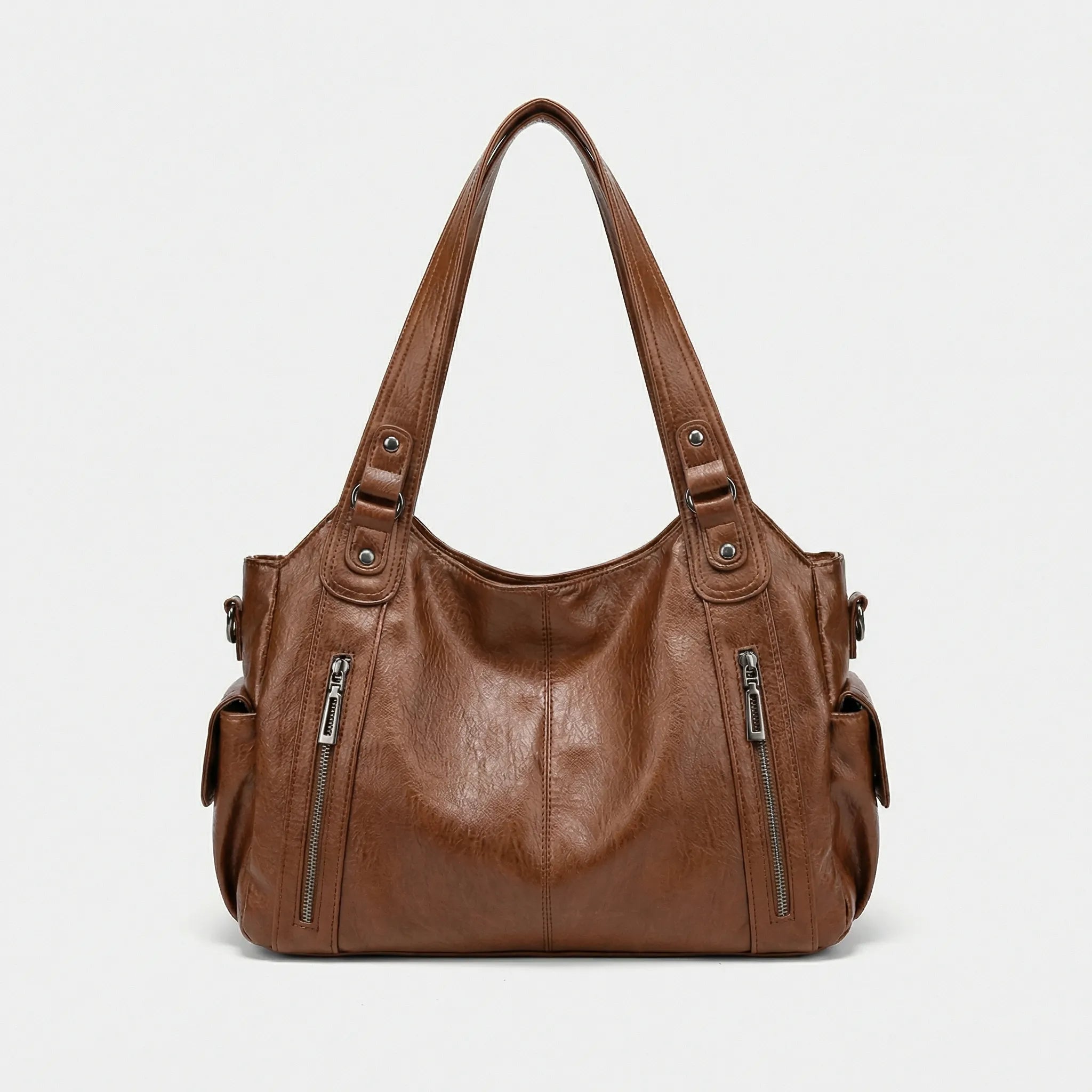 Borsa a tracolla da donna in ecopelle con tasche, borsa a spalla capiente per il lavoro - Marrone chiaro