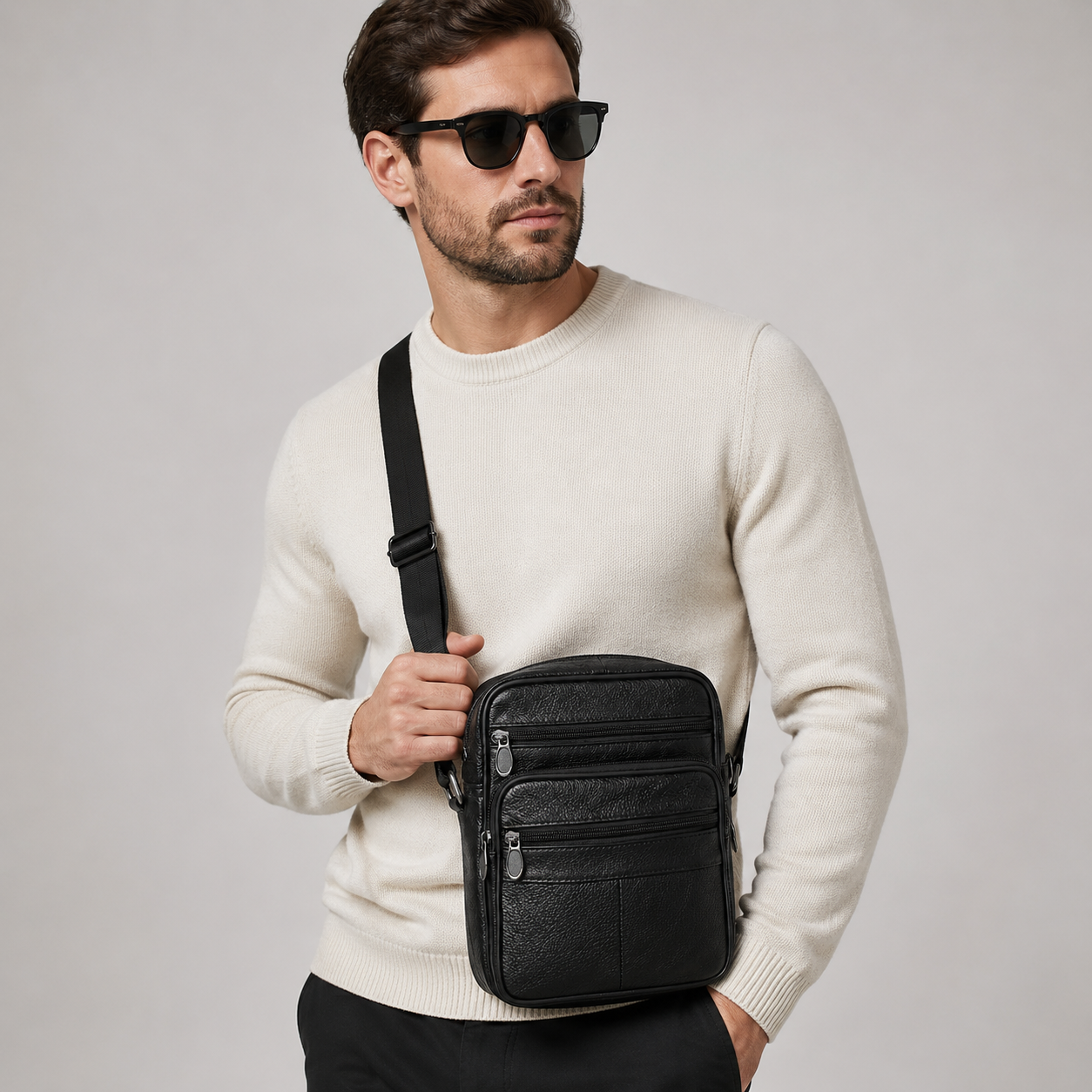 Borsello uomo in pelle a tracolla, borsa messenger compatta per lavoro e viaggio - view 4