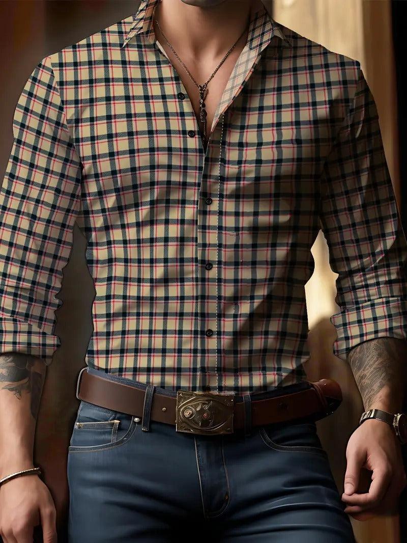 Camicia a quadri da uomo a maniche lunghe con colletto classico, elegante e casual - Kaki