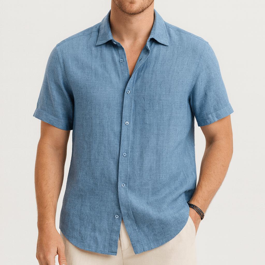 Camicia da uomo a maniche corte in cotone, elegante e casual con bottoni, per l'estate - Azzurro