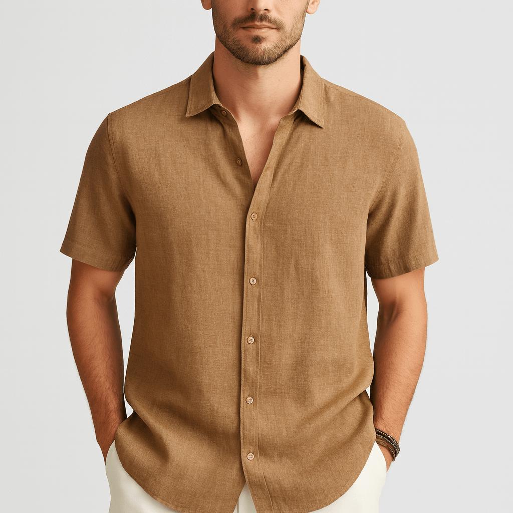 Camicia da uomo a maniche corte in cotone, elegante e casual con bottoni, per l'estate - Cachi