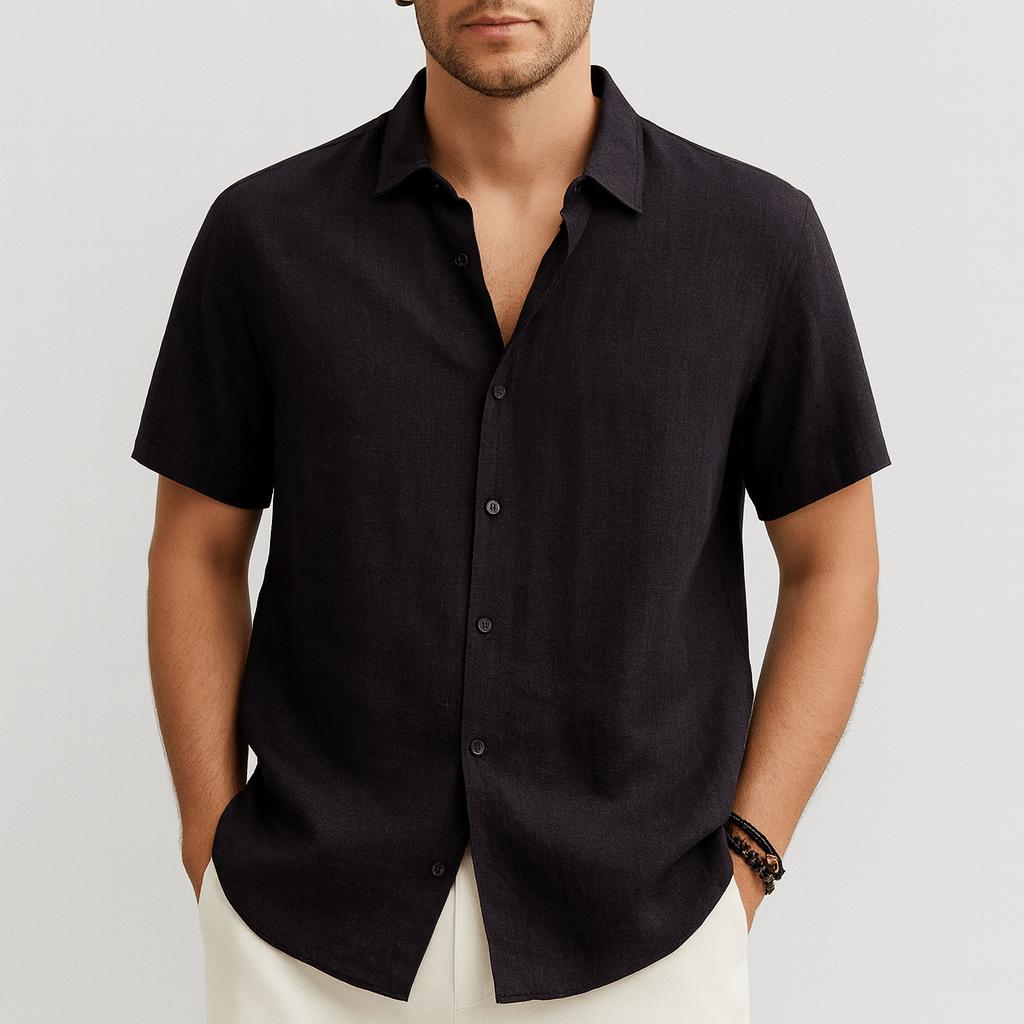 Camicia da uomo a maniche corte in cotone, elegante e casual con bottoni, per l'estate - Nero