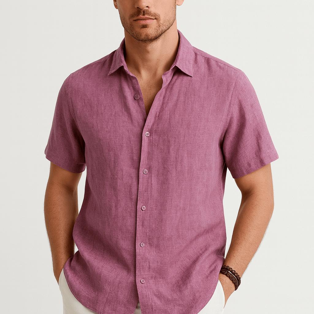 Camicia da uomo a maniche corte in cotone, elegante e casual con bottoni, per l'estate - Rosa