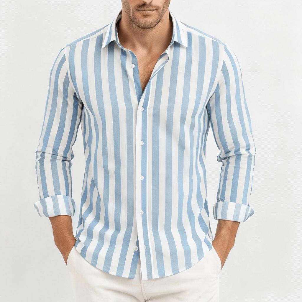 Camicia da uomo a righe con manica lunga e bottoni, elegante e casual - Azzurro