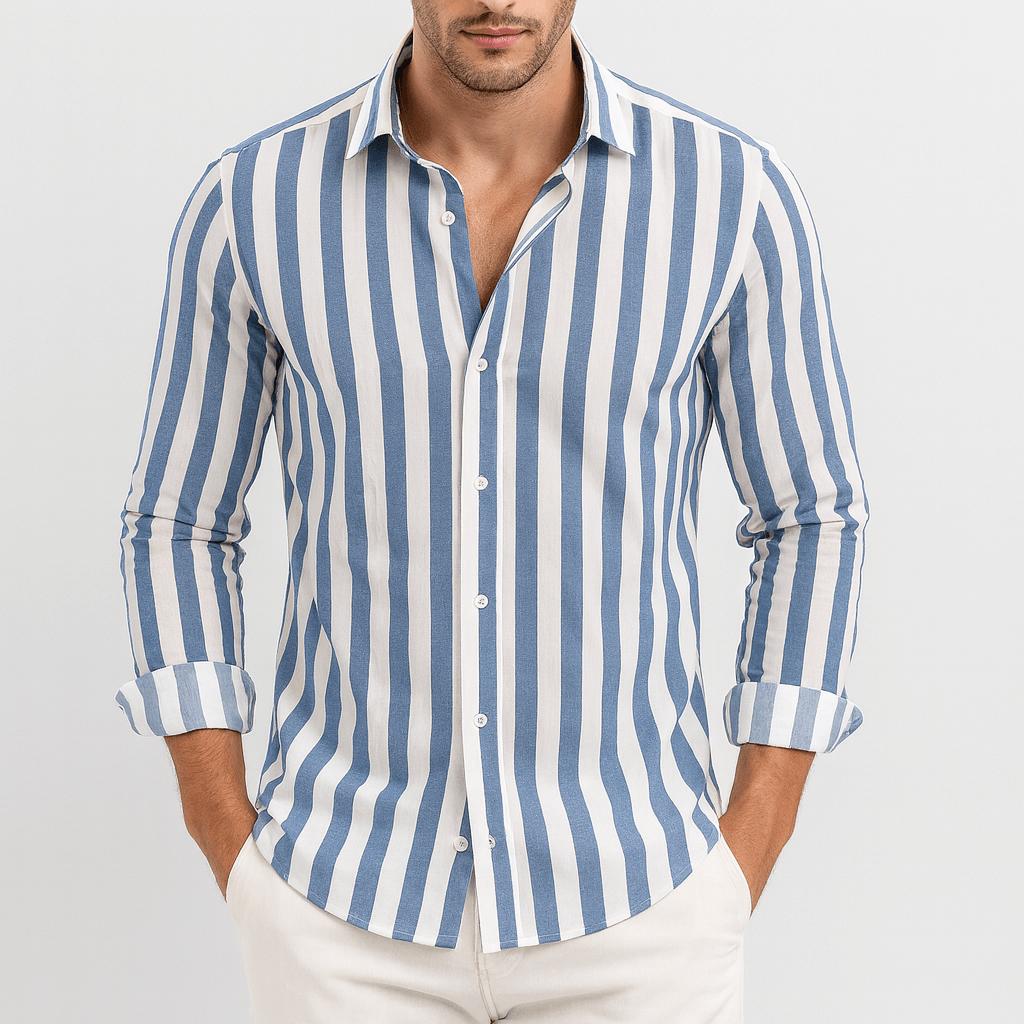 Camicia da uomo a righe con manica lunga e bottoni, elegante e casual - Blu