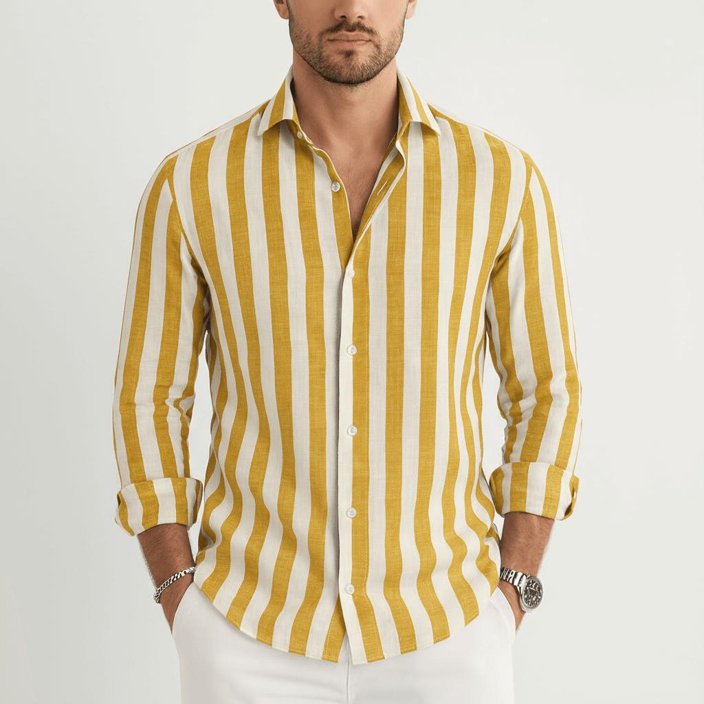 Camicia da uomo a righe con manica lunga e bottoni, elegante e casual - Giallo