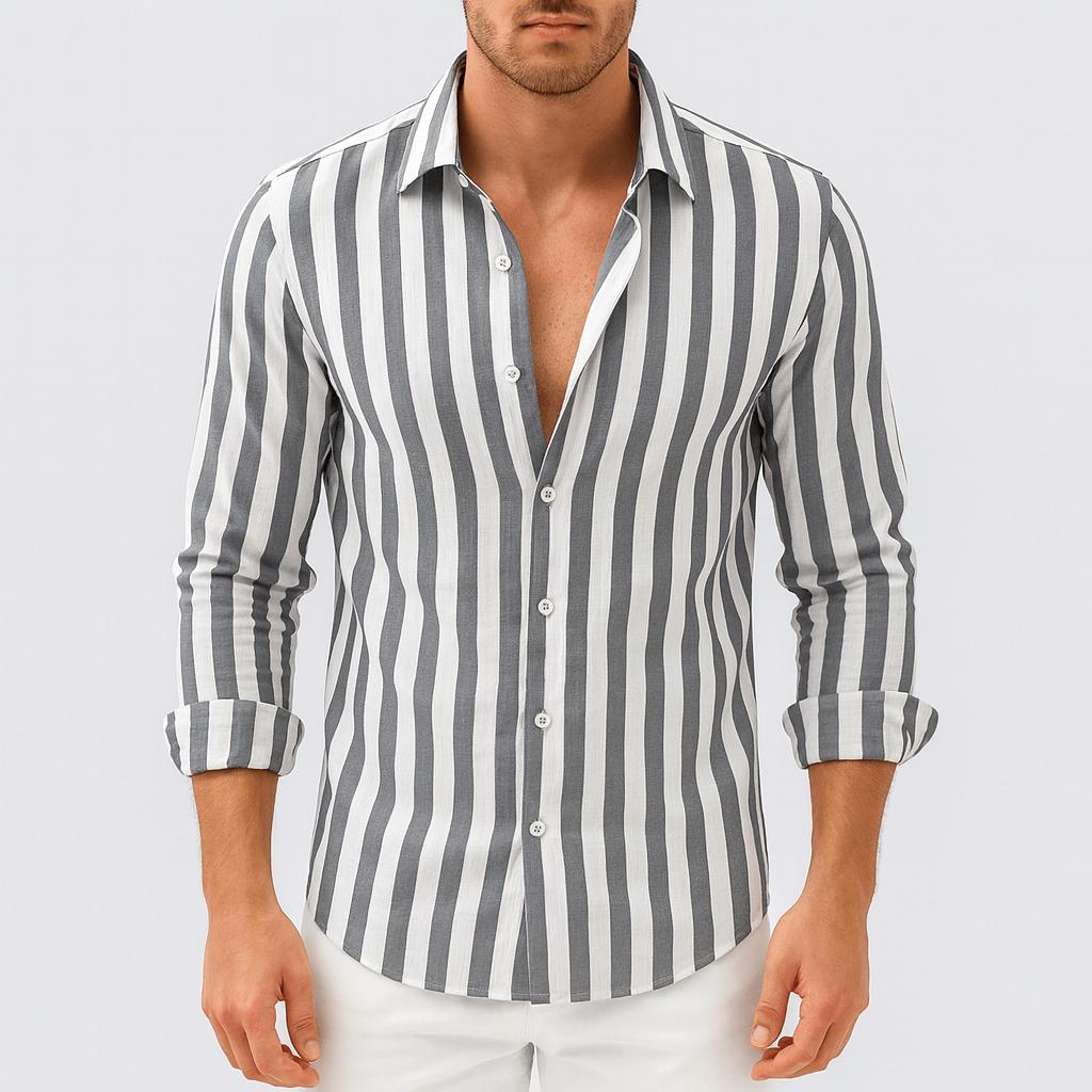 Camicia da uomo a righe con manica lunga e bottoni, elegante e casual - Grigio