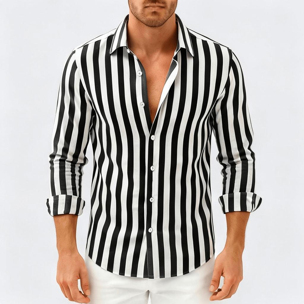 Camicia da uomo a righe con manica lunga e bottoni, elegante e casual - Nero