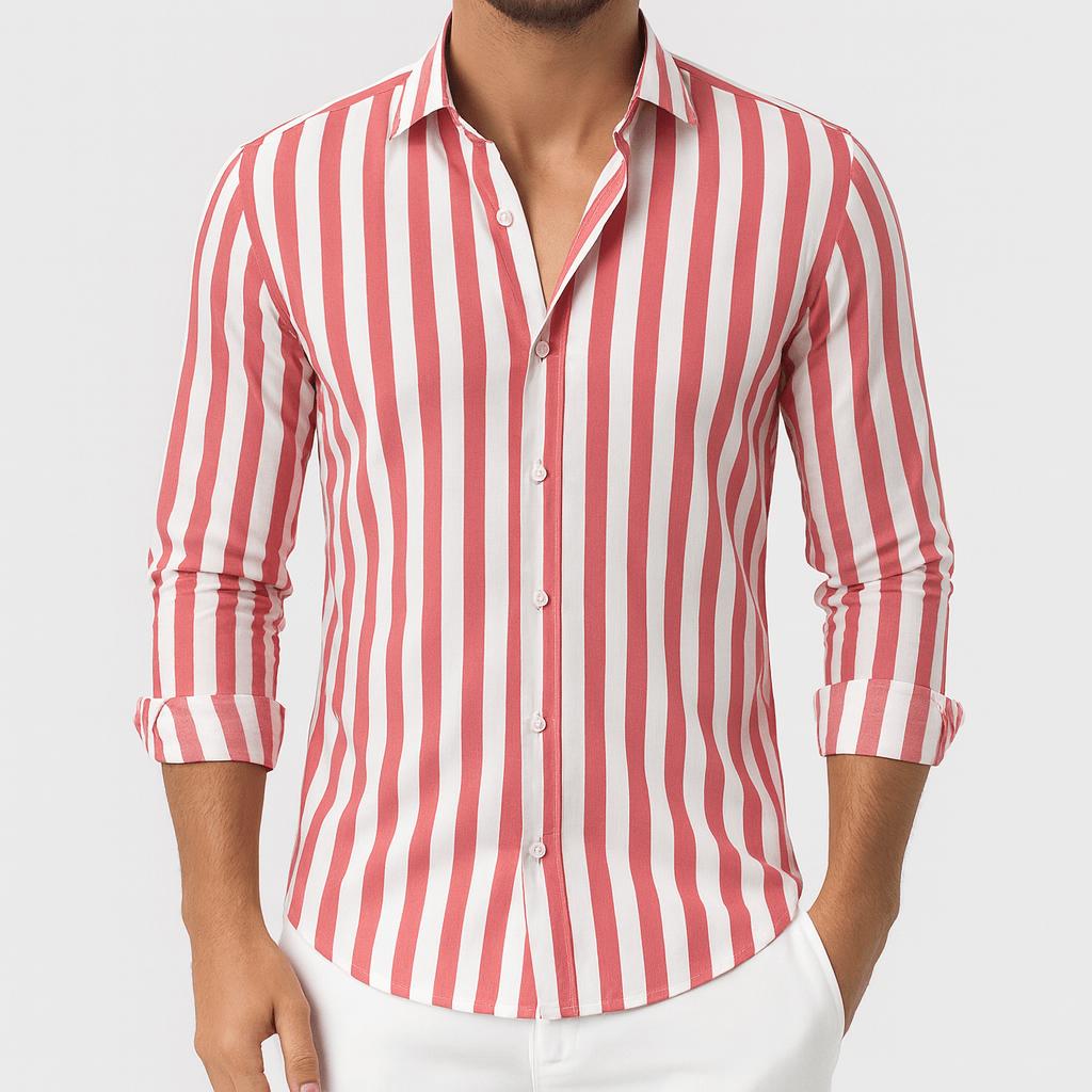 Camicia da uomo a righe con manica lunga e bottoni, elegante e casual - Rosa