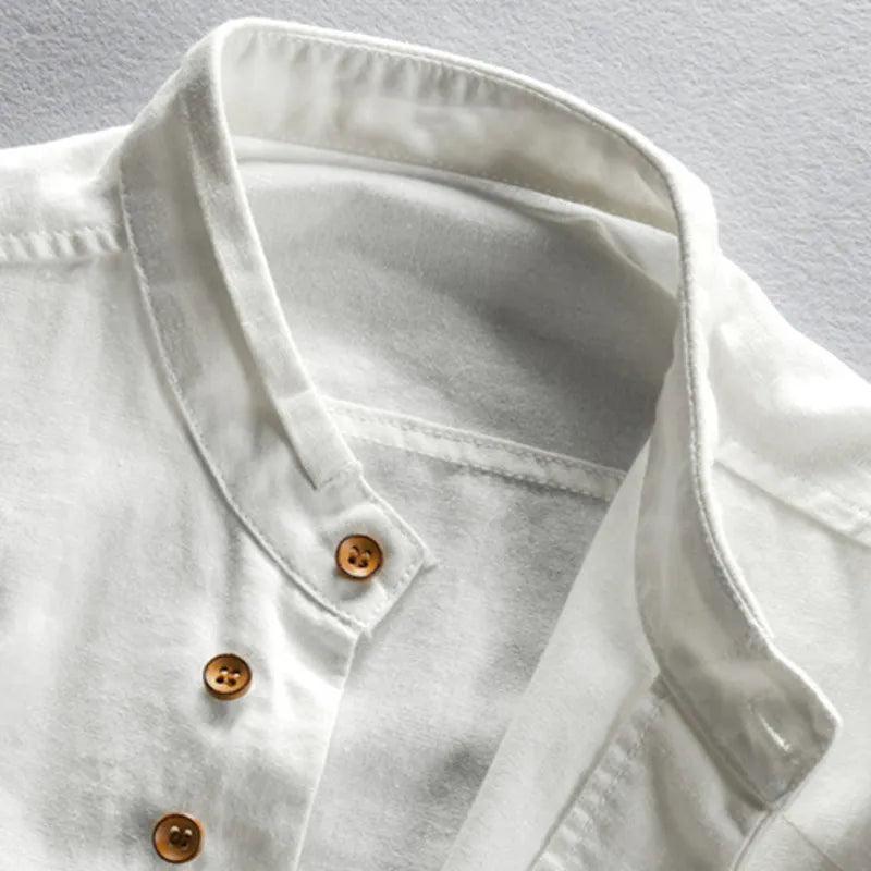 Camicia da uomo in misto lino con collo alla coreana, elegante e formale a manica lunga - view 7