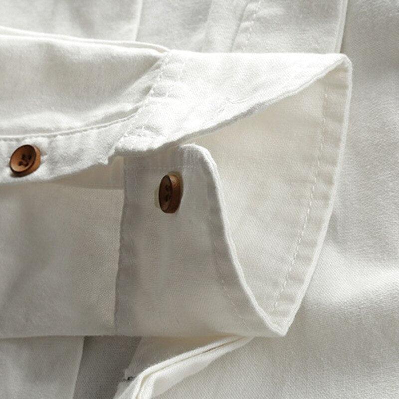 Camicia da uomo in misto lino con collo alla coreana, elegante e formale a manica lunga - view 8