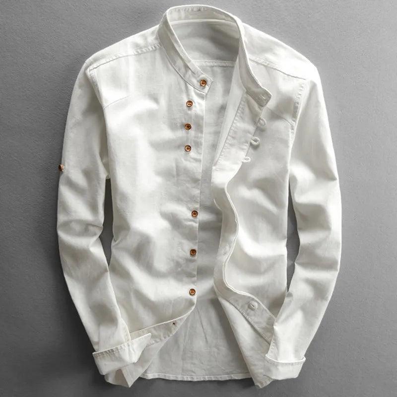 Camicia da uomo in misto lino con collo alla coreana, elegante e formale a manica lunga - Bianco