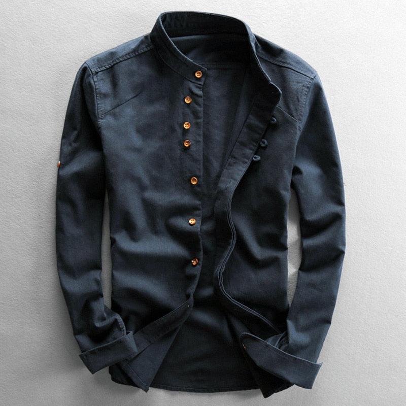 Camicia da uomo in misto lino con collo alla coreana, elegante e formale a manica lunga - Blu navy