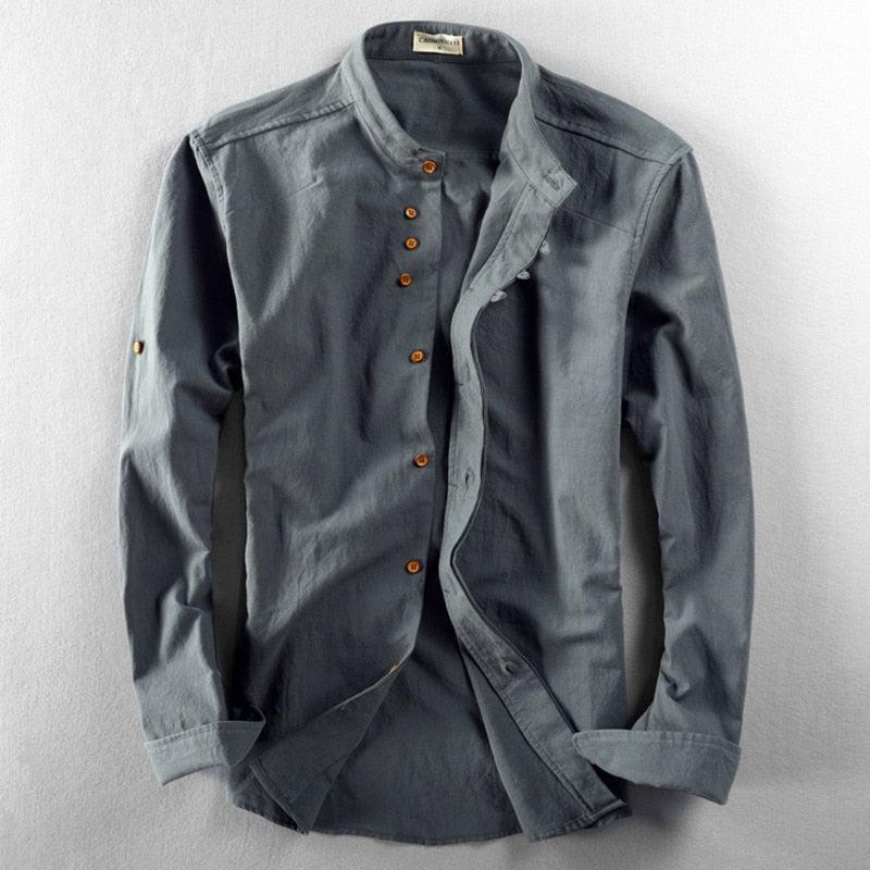 Camicia da uomo in misto lino con collo alla coreana, elegante e formale a manica lunga - Grigio