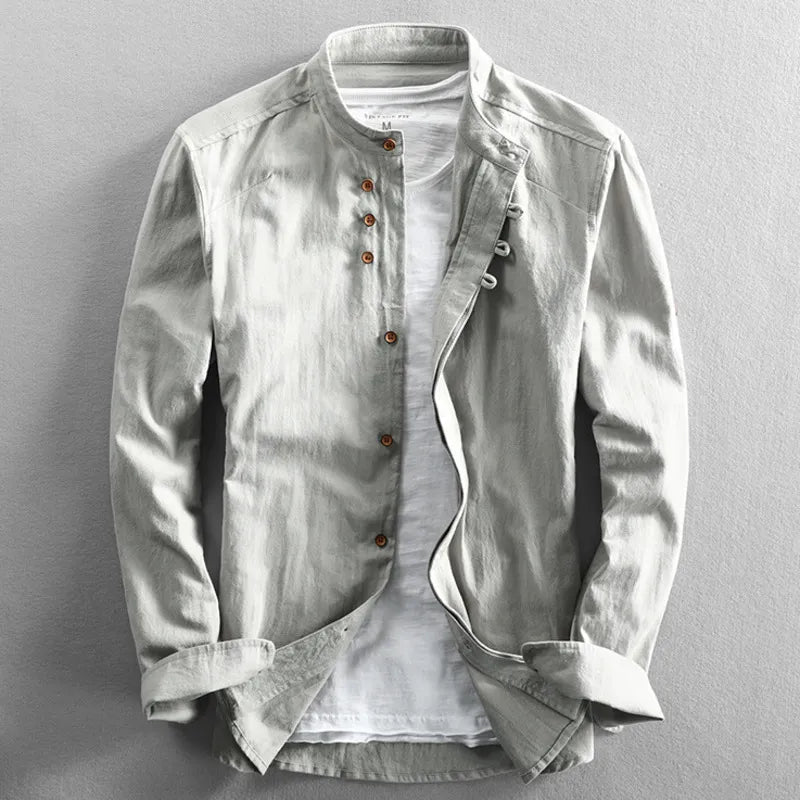 Camicia da uomo in misto lino con collo alla coreana, elegante e formale a manica lunga - Grigio chiaro