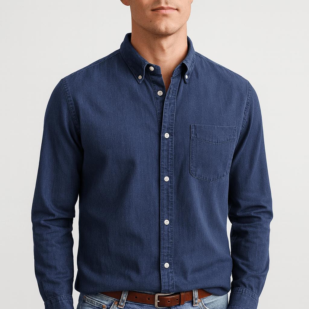 Camicia di cotone da uomo a maniche lunghe con colletto button-down, elegante e casual - Azzurro